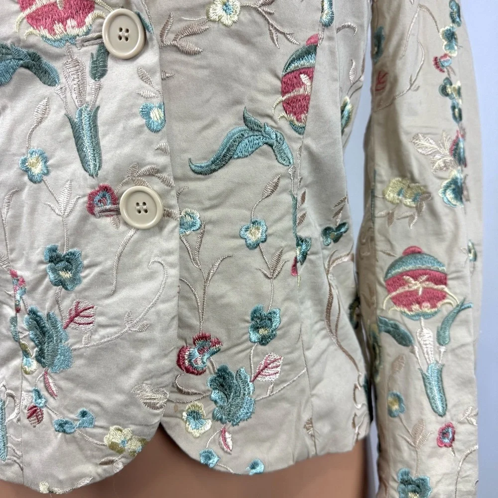 CORTEFIEL Women’s Sz 38 US M Cream Embroidered Blazer Jacket Whimsical Fairycore